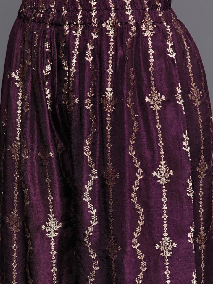 Purple Yoke Design Velvet Straight Suit Set - Libas