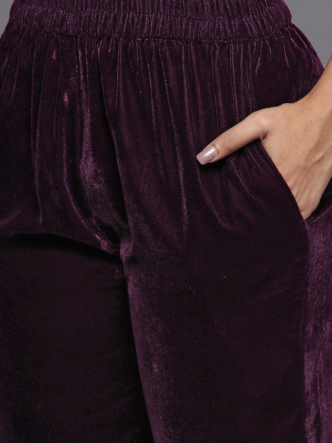 Purple Yoke Design Velvet Straight Kurta With Dupatta