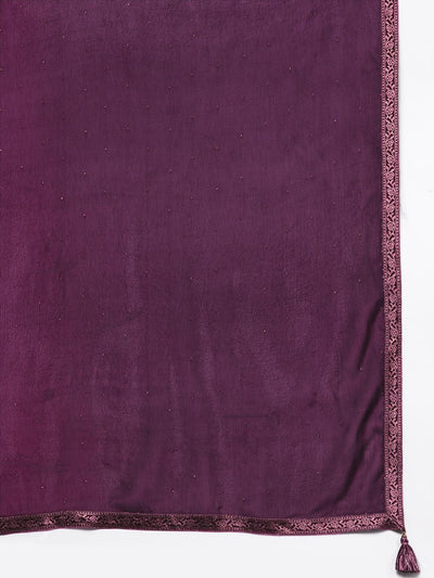Purple Yoke Design Velvet Straight Suit Set - Libas