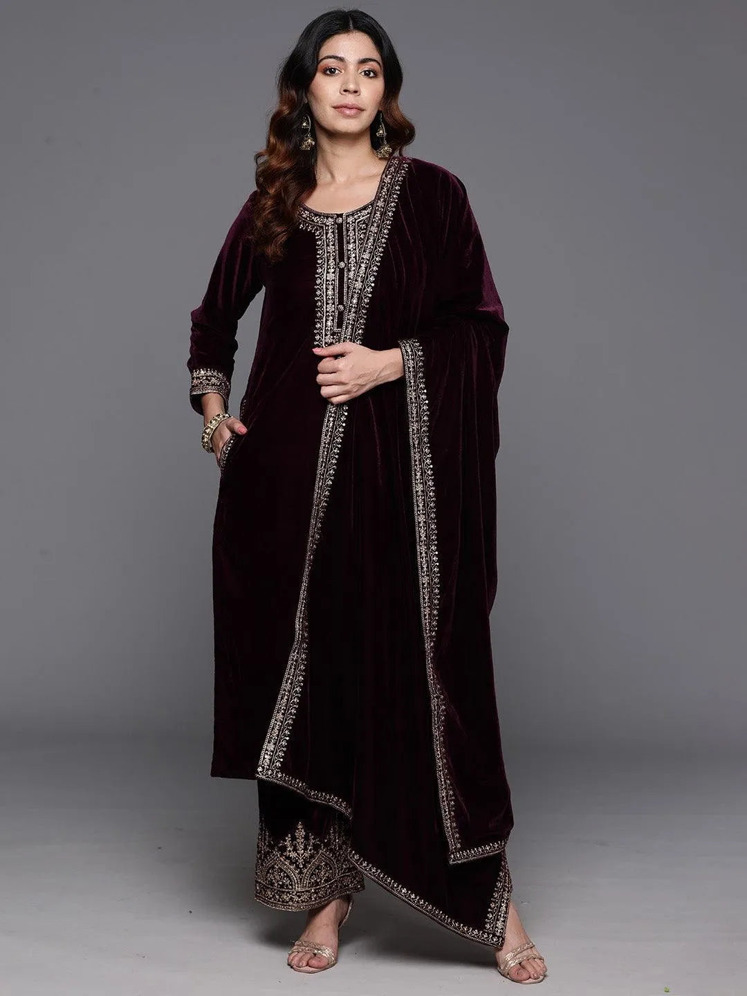 Purple Yoke Design Velvet Straight Kurta With Palazzos & Dupatta - Libas 