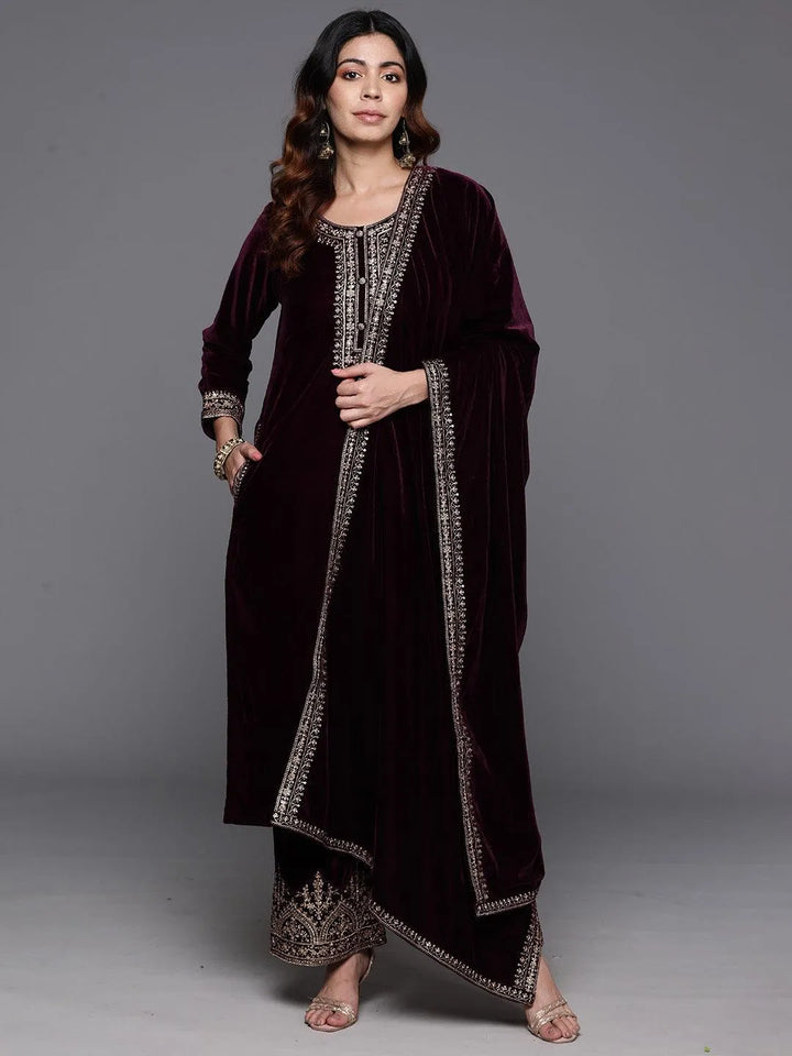 Purple Yoke Design Velvet Straight Kurta With Palazzos & Dupatta - Libas