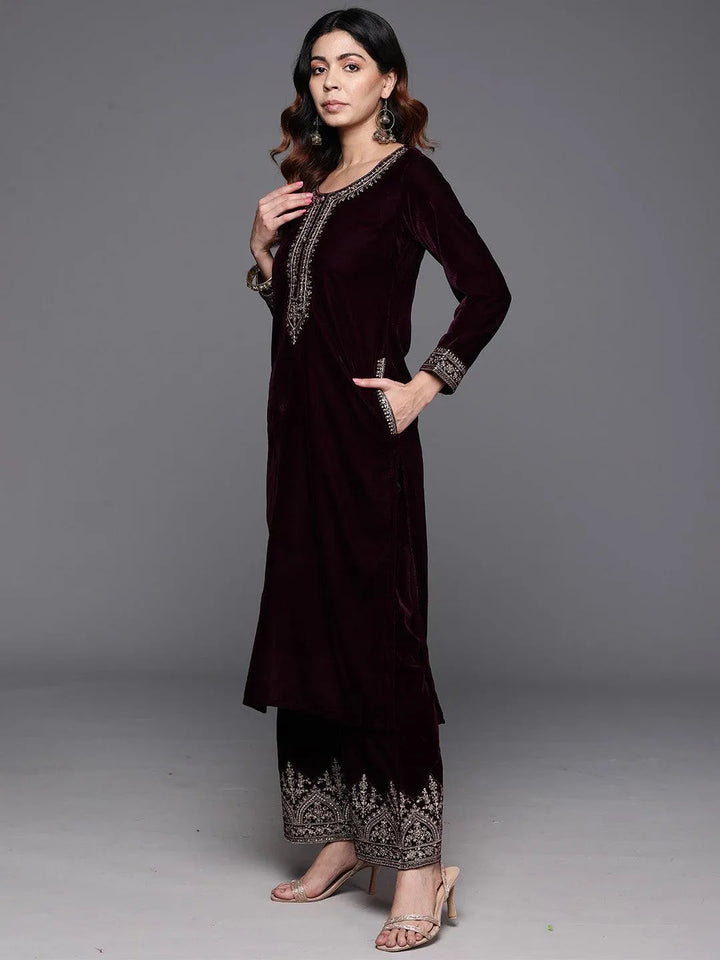 Purple Yoke Design Velvet Straight Kurta With Palazzos & Dupatta - Libas