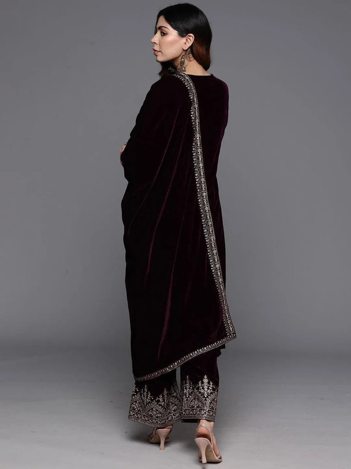 Purple Yoke Design Velvet Straight Kurta With Palazzos & Dupatta - Libas