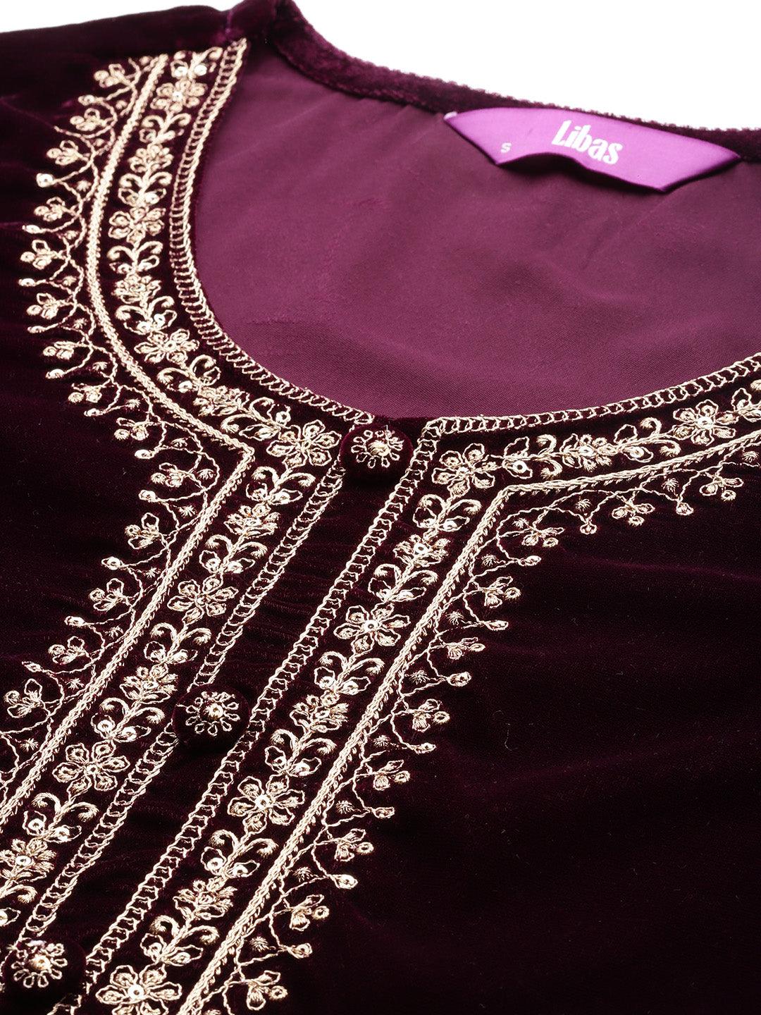 Purple Yoke Design Velvet Straight Kurta With Palazzos & Dupatta - Libas