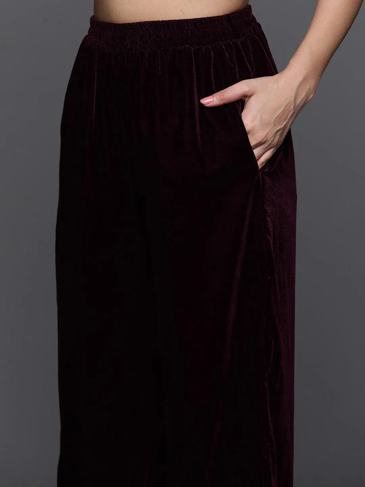 Purple Yoke Design Velvet Straight Kurta With Palazzos & Dupatta - Libas