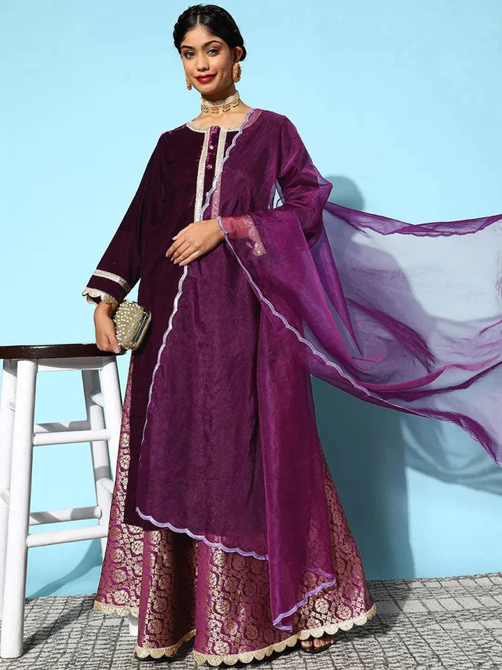 Purple Yoke Design Velvet Straight Suit Set - Libas