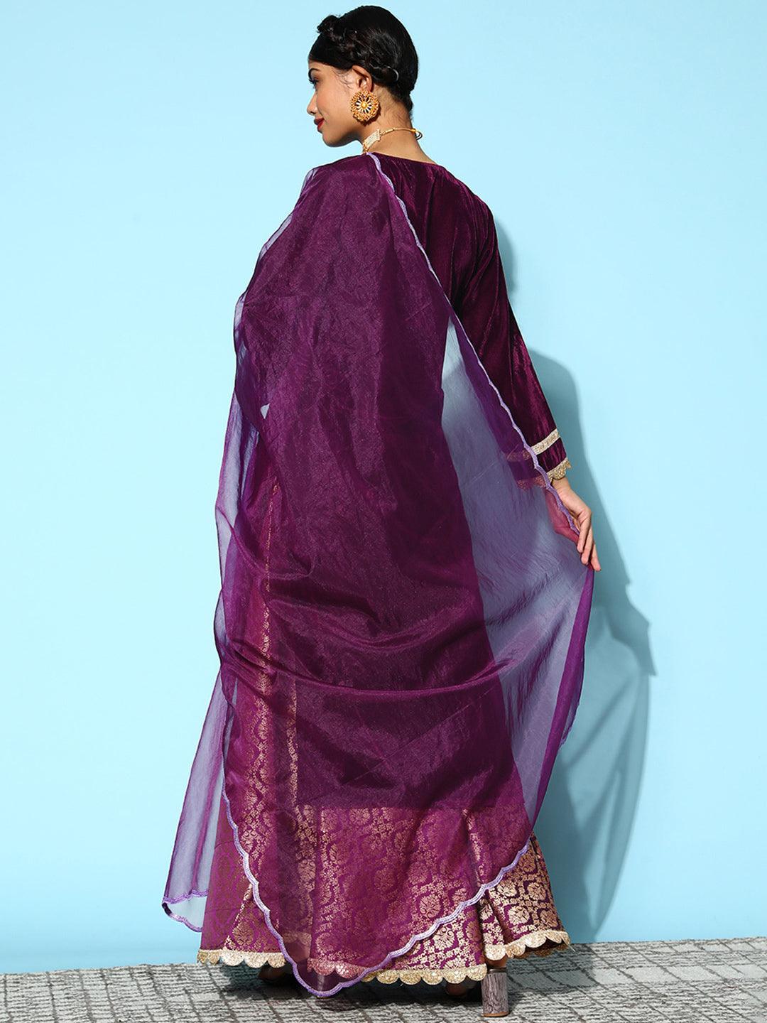 Purple Yoke Design Velvet Straight Kurta With Skirt & Dupatta