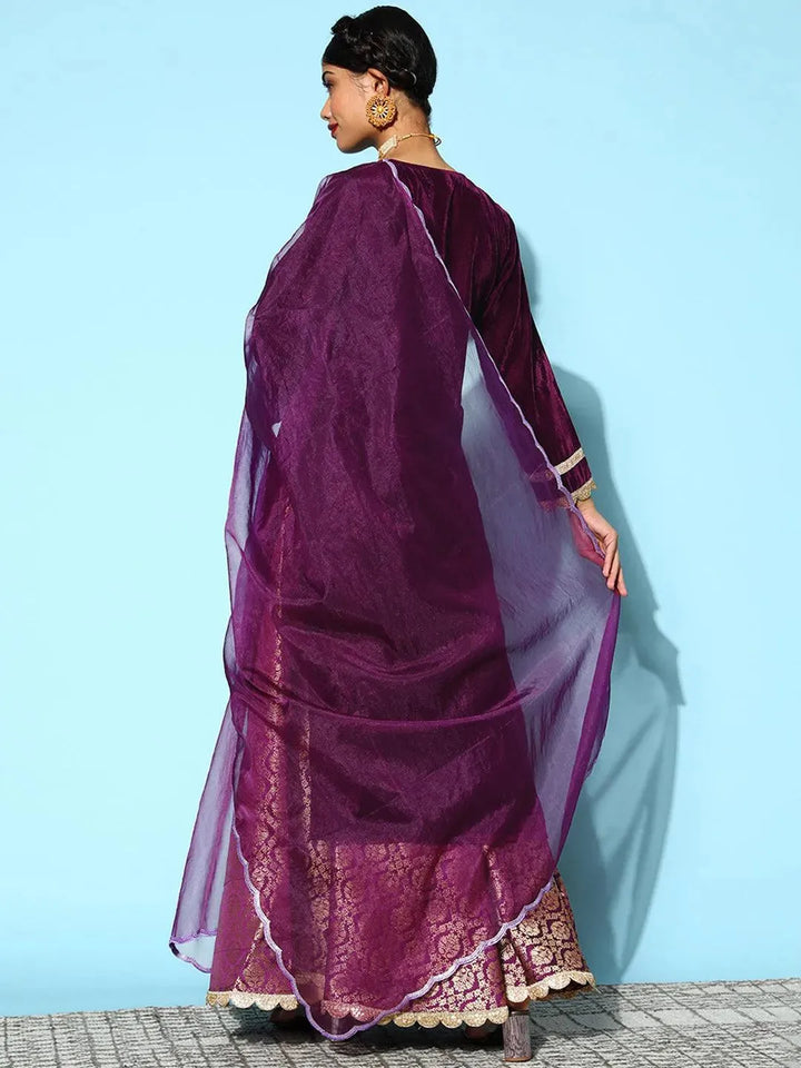 Purple Yoke Design Velvet Straight Suit Set - Libas