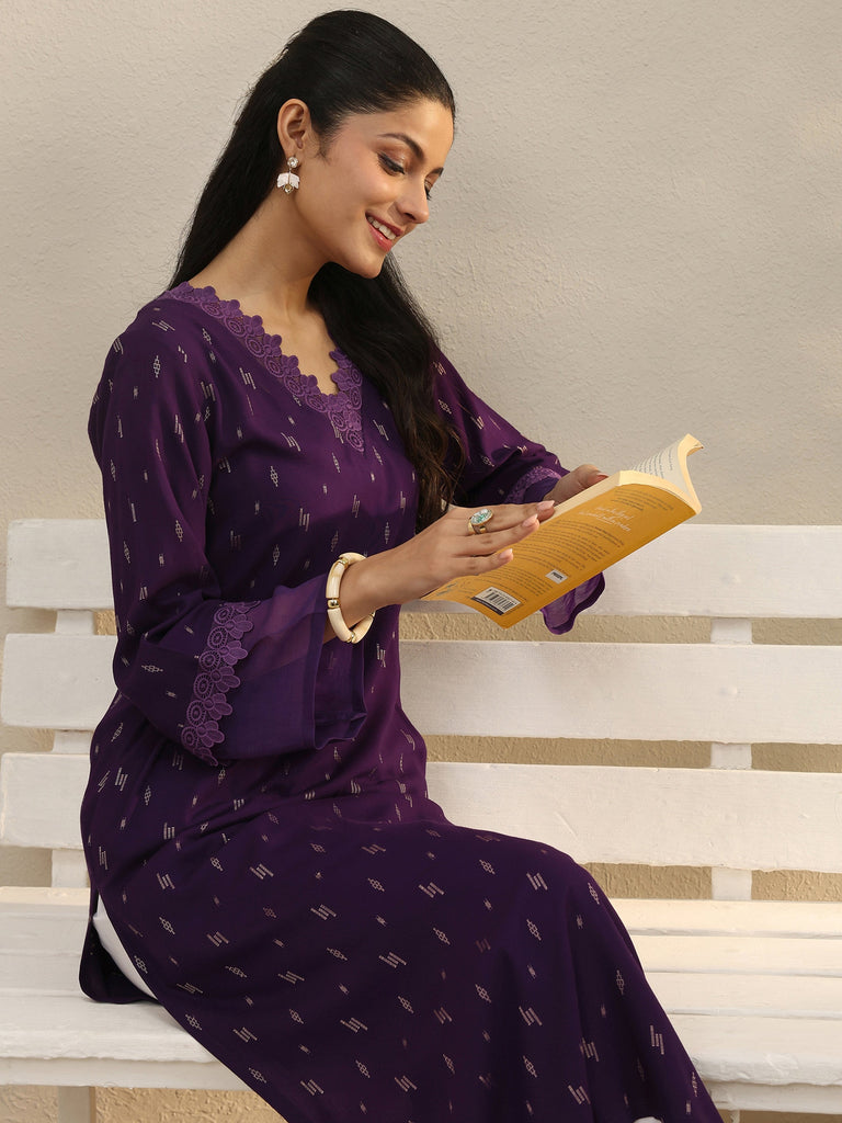 Libas Purple Woven Design Rayon Straight Kurta