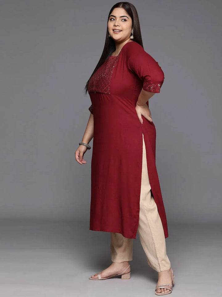 Pus Size Maroon Yoke Design Rayon Straight Kurta - Libas