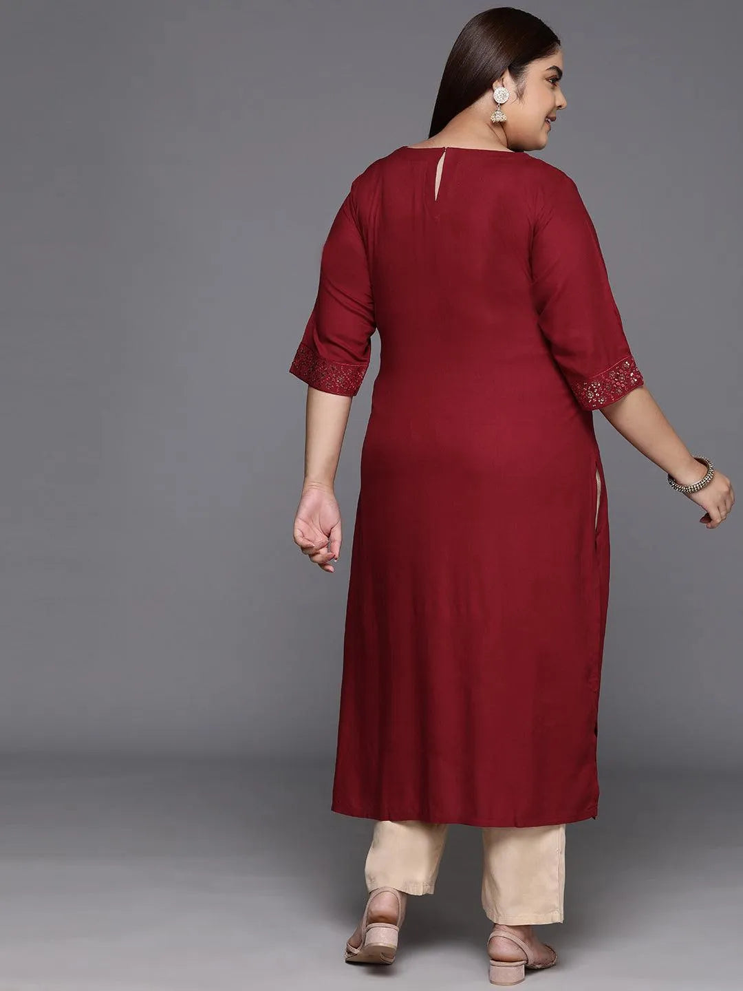 Pus Size Maroon Yoke Design Rayon Straight Kurta - Libas 