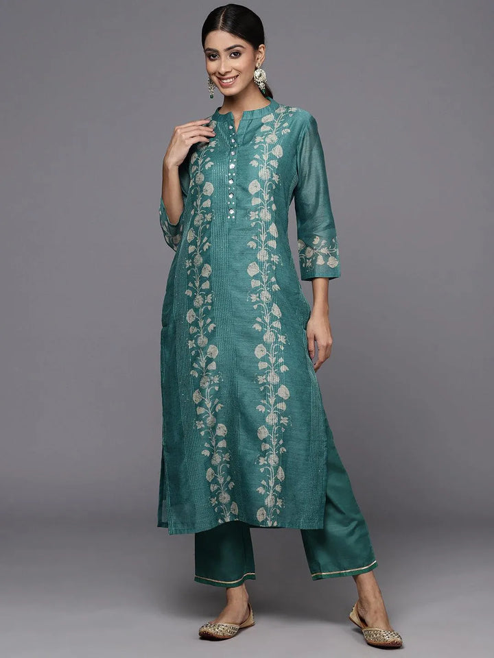 Rama Green Embroidered Chanderi Silk Straight Kurta With Trousers - Libas