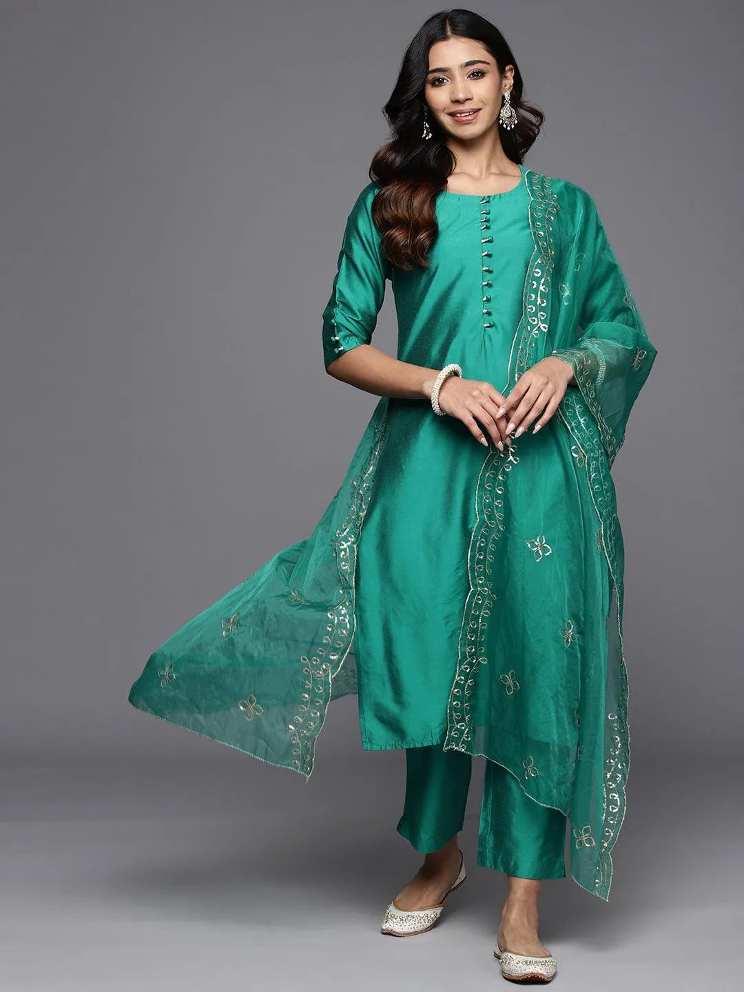 Rama Green Solid Silk Blend Straight Kurta With Trousers & Dupatta - Libas 