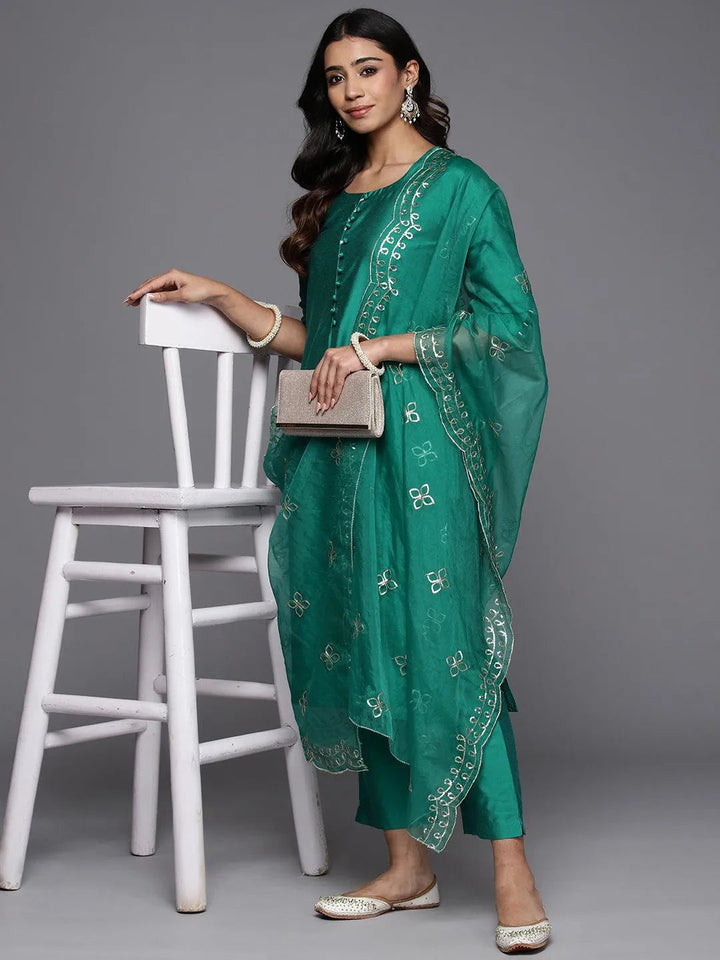 Rama Green Solid Silk Blend Straight Kurta With Trousers & Dupatta - Libas