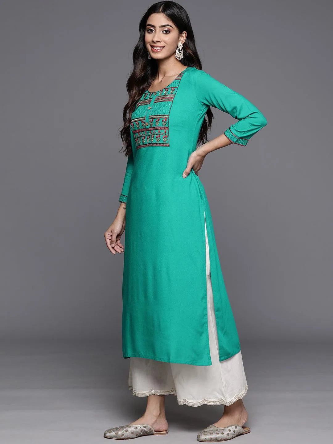 Rama Green Yoke Design Rayon Straight Kurta - Libas 