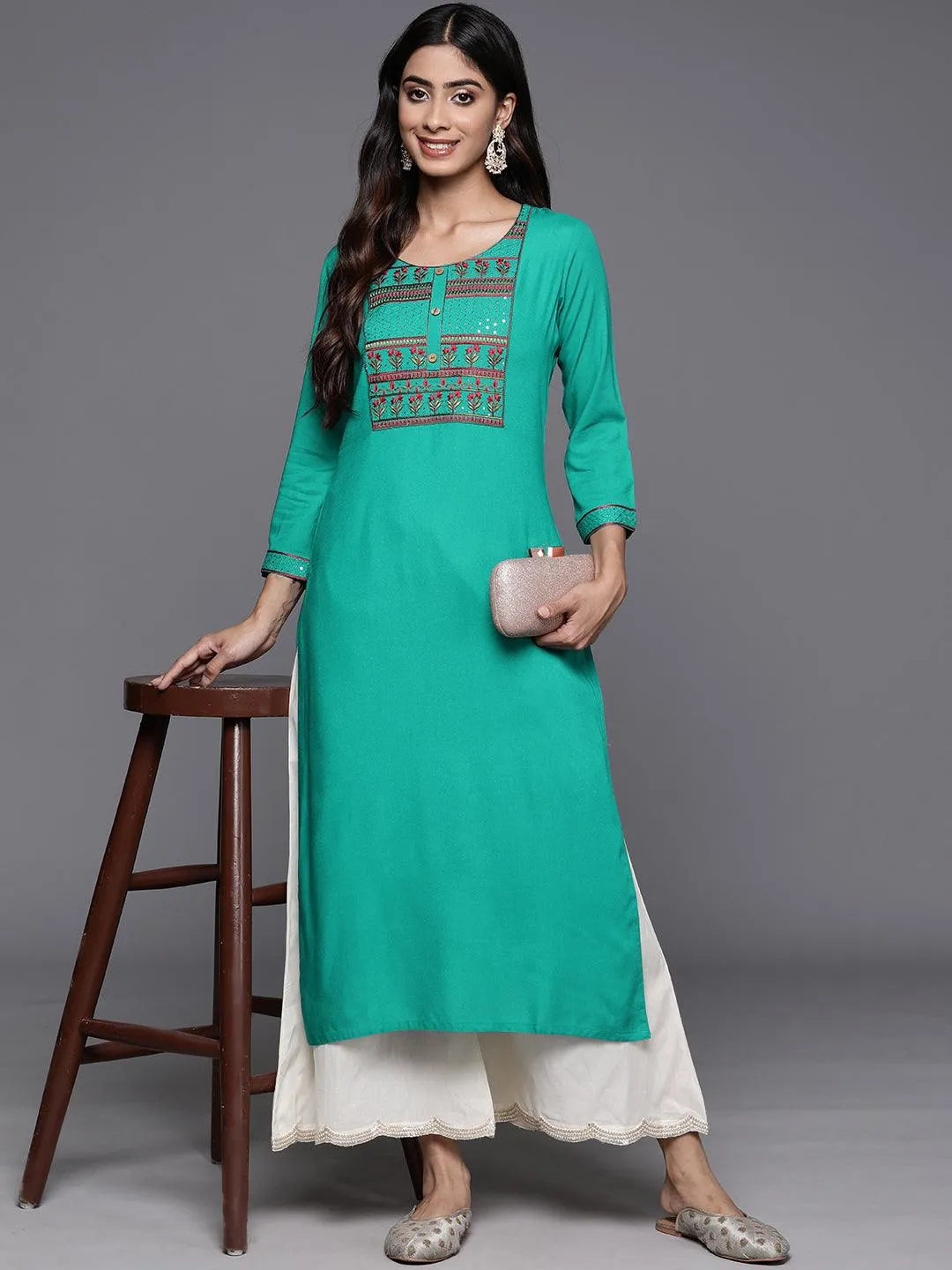 Rama Green Yoke Design Rayon Straight Kurta - Libas 
