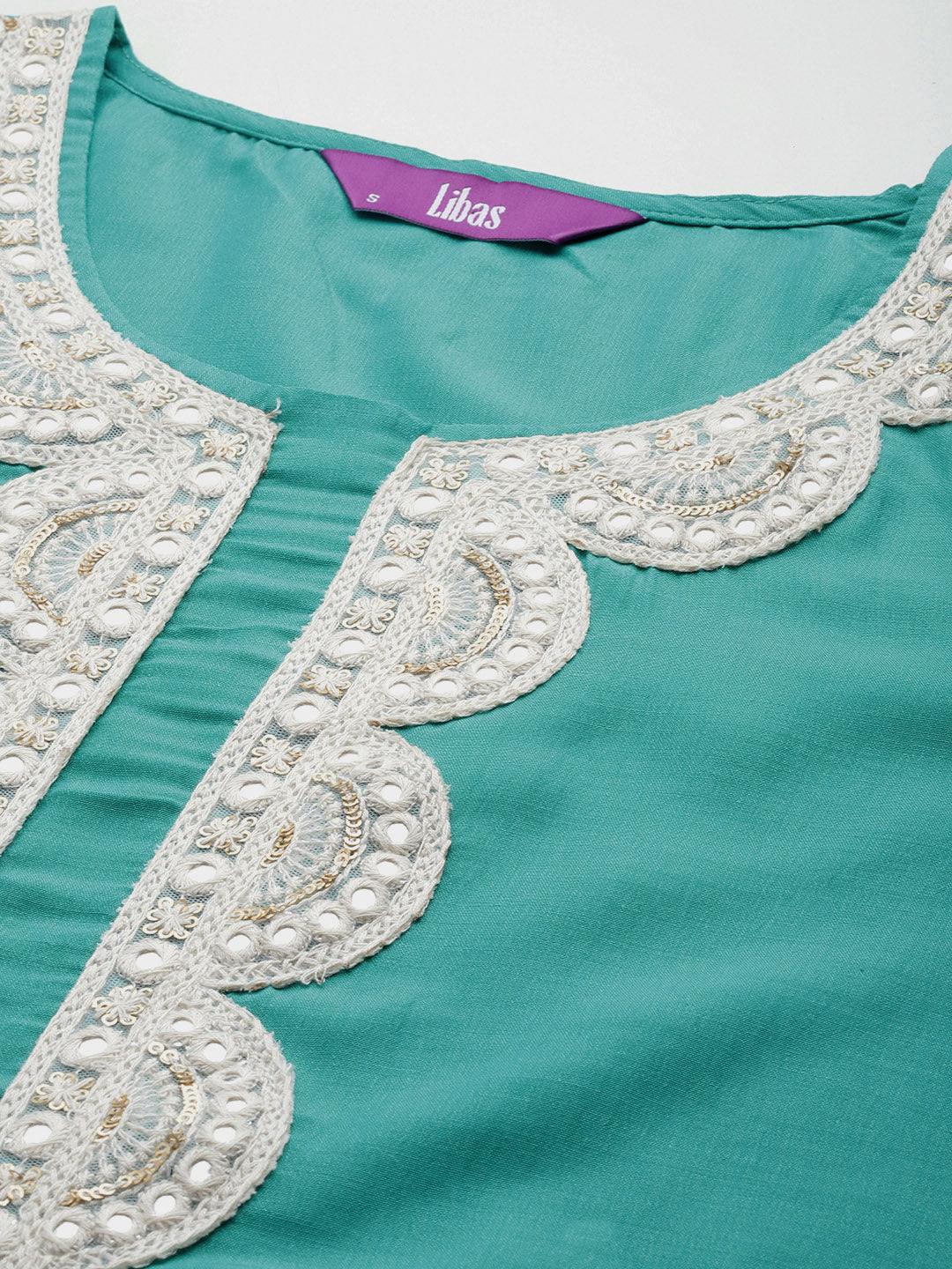 Rama Green Yoke Design Silk Blend Straight Kurta With Trousers & Dupatta - Libas
