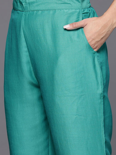 Rama Green Yoke Design Silk Blend Straight Kurta With Trousers & Dupatta - Libas