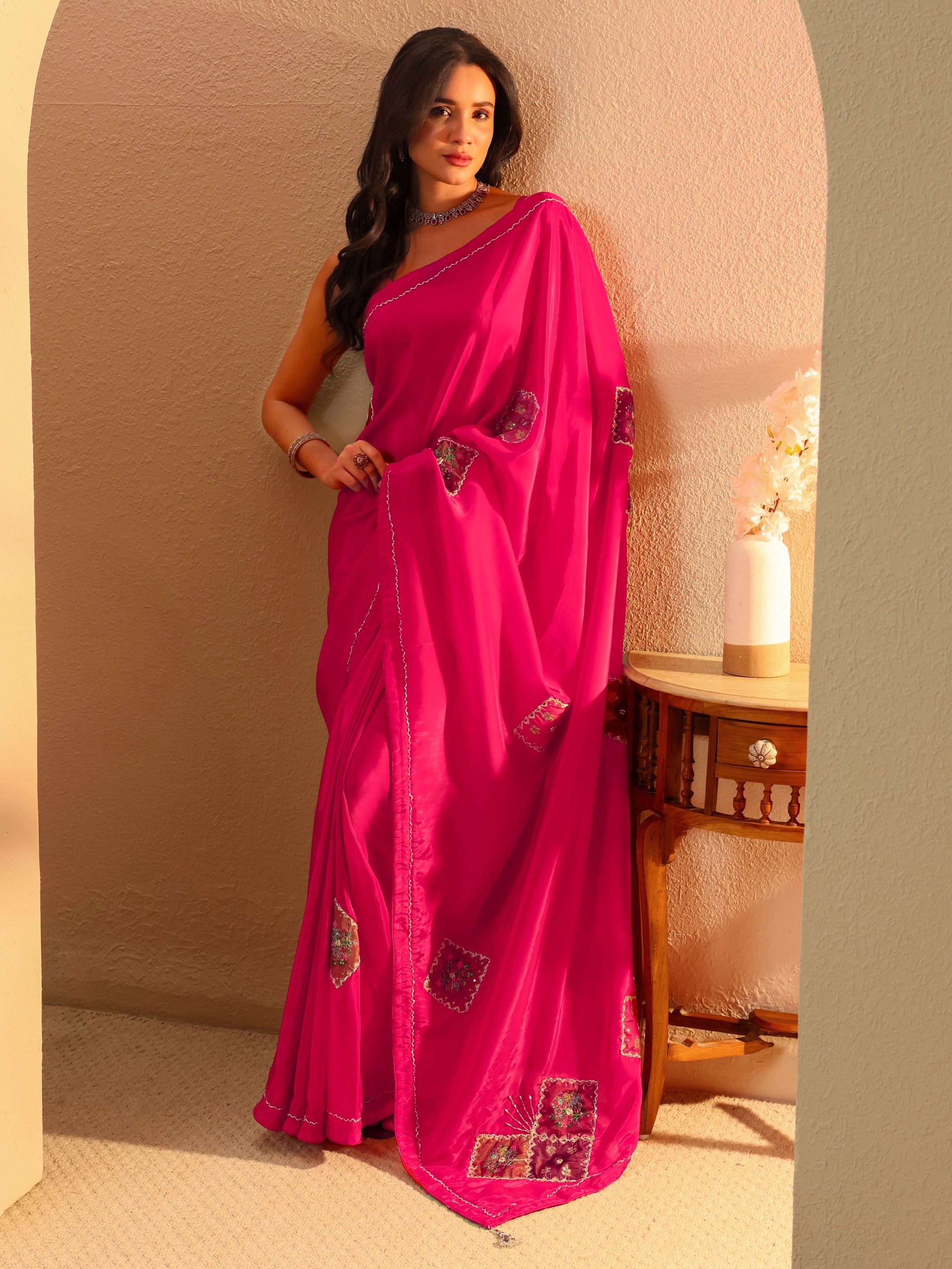 libas Rani Pink Applique Embellished Satin Saree-picture-51