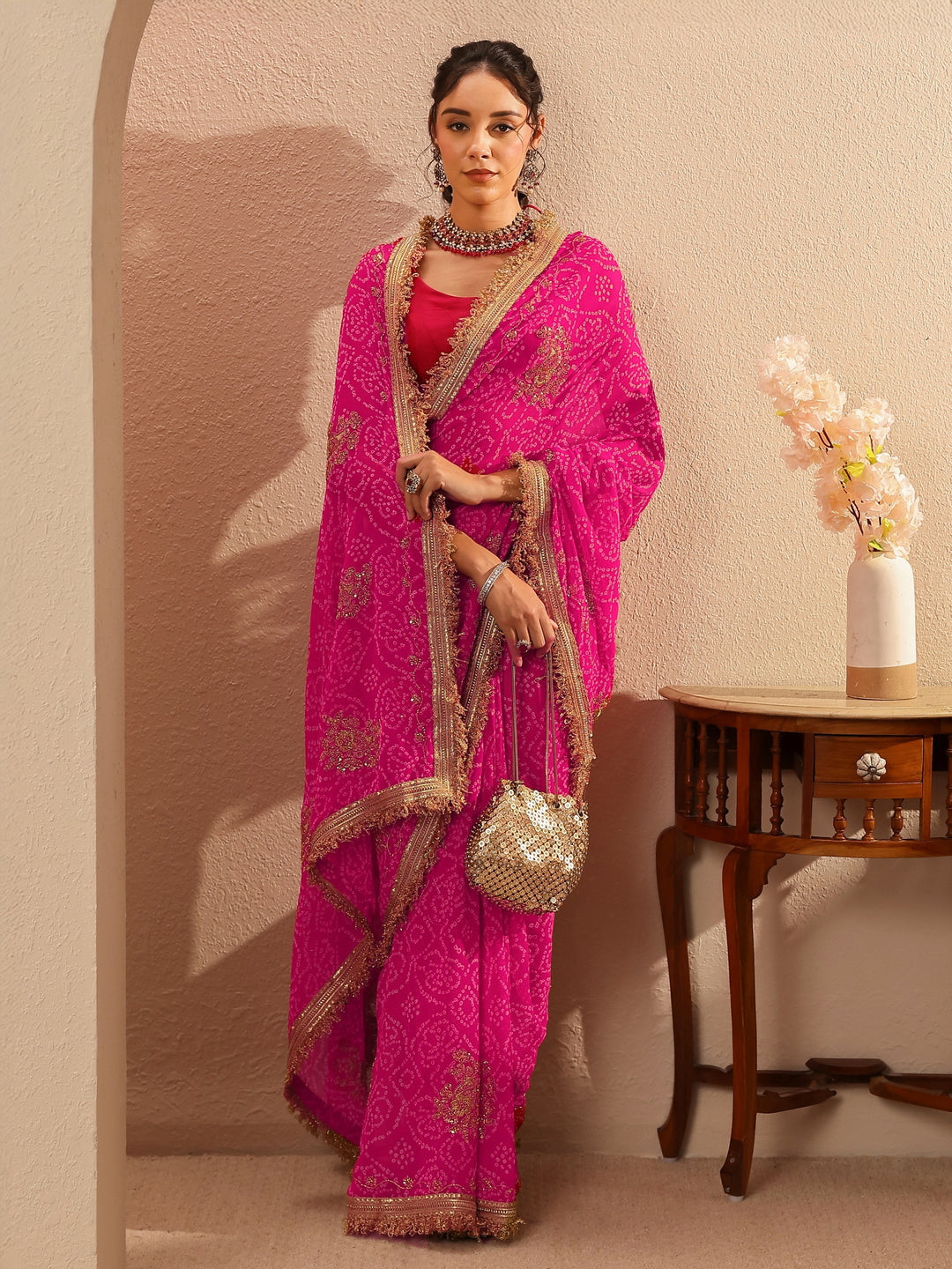  Rani Pink Badhani Printed Georgette Saree 