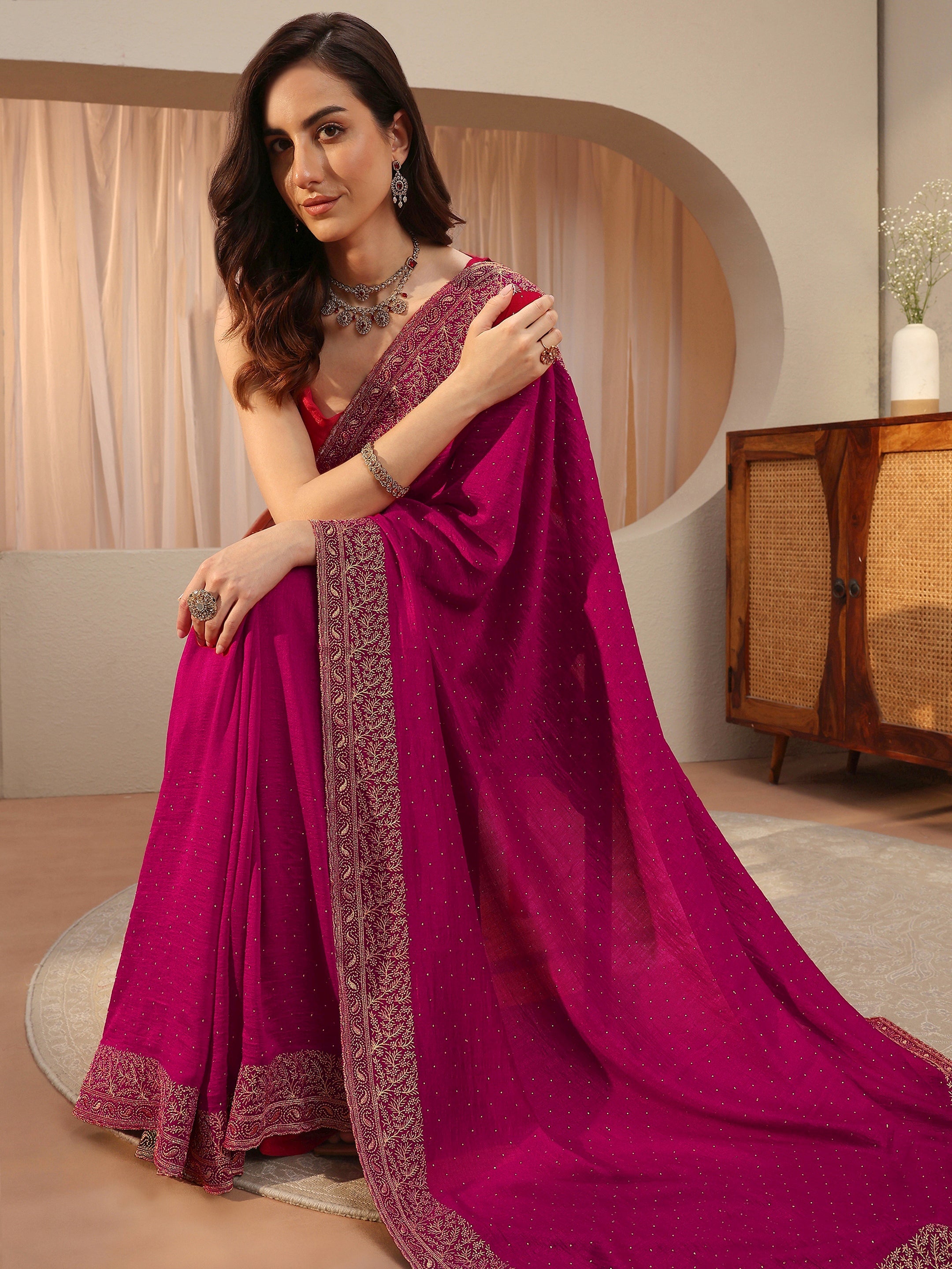 Libas Rani Pink Embellished Silk Blend Saree-picture-46