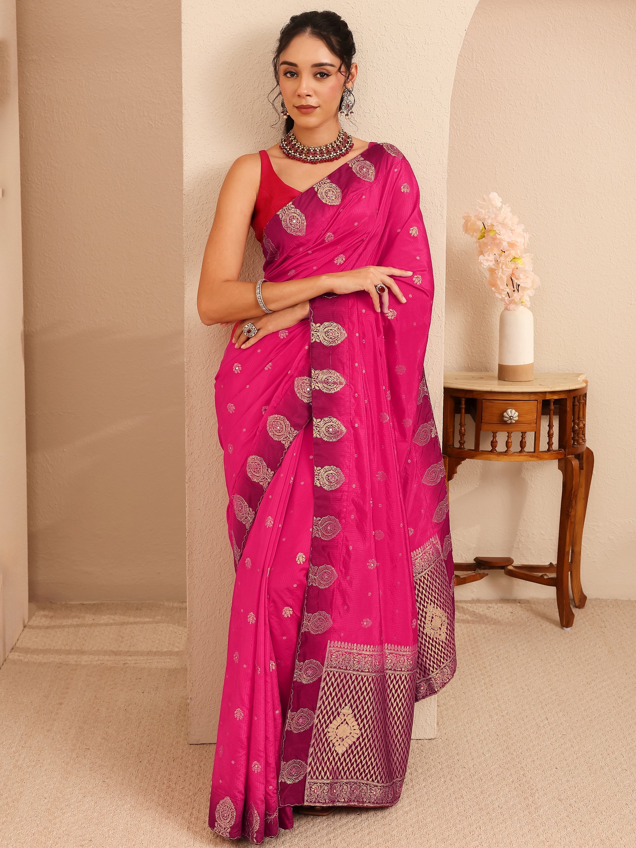 libas Rani Pink Ethnic Woven Design Silk Blend Saree-picture-43