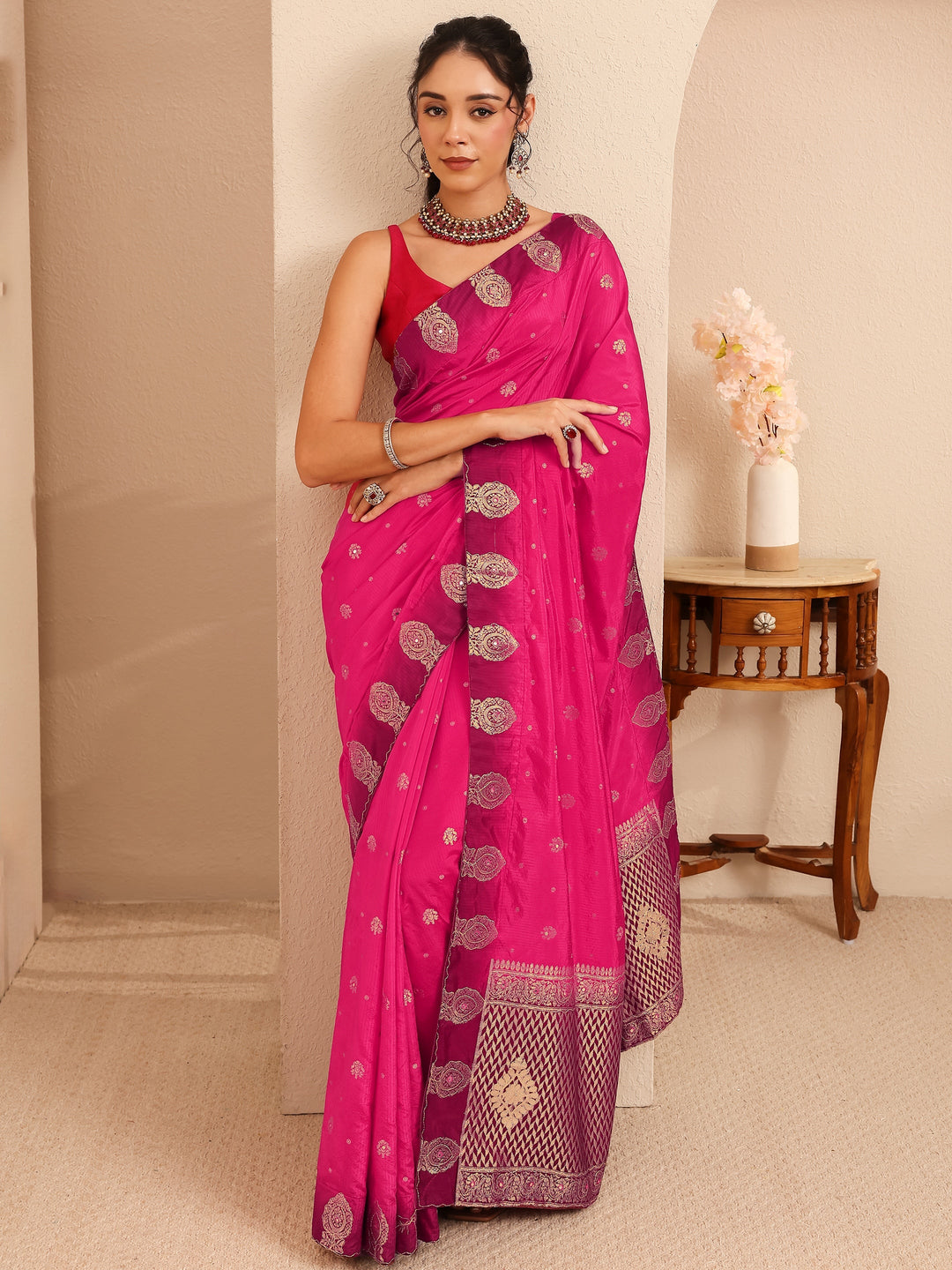  Rani Pink Ethnic Woven Design Silk Blend Saree 