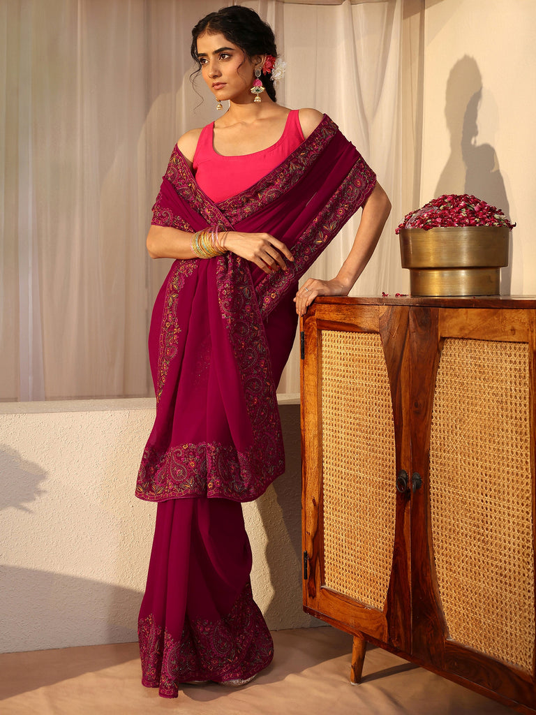 Libas Rani Pink Floral Embroidered Border Georgette Saree