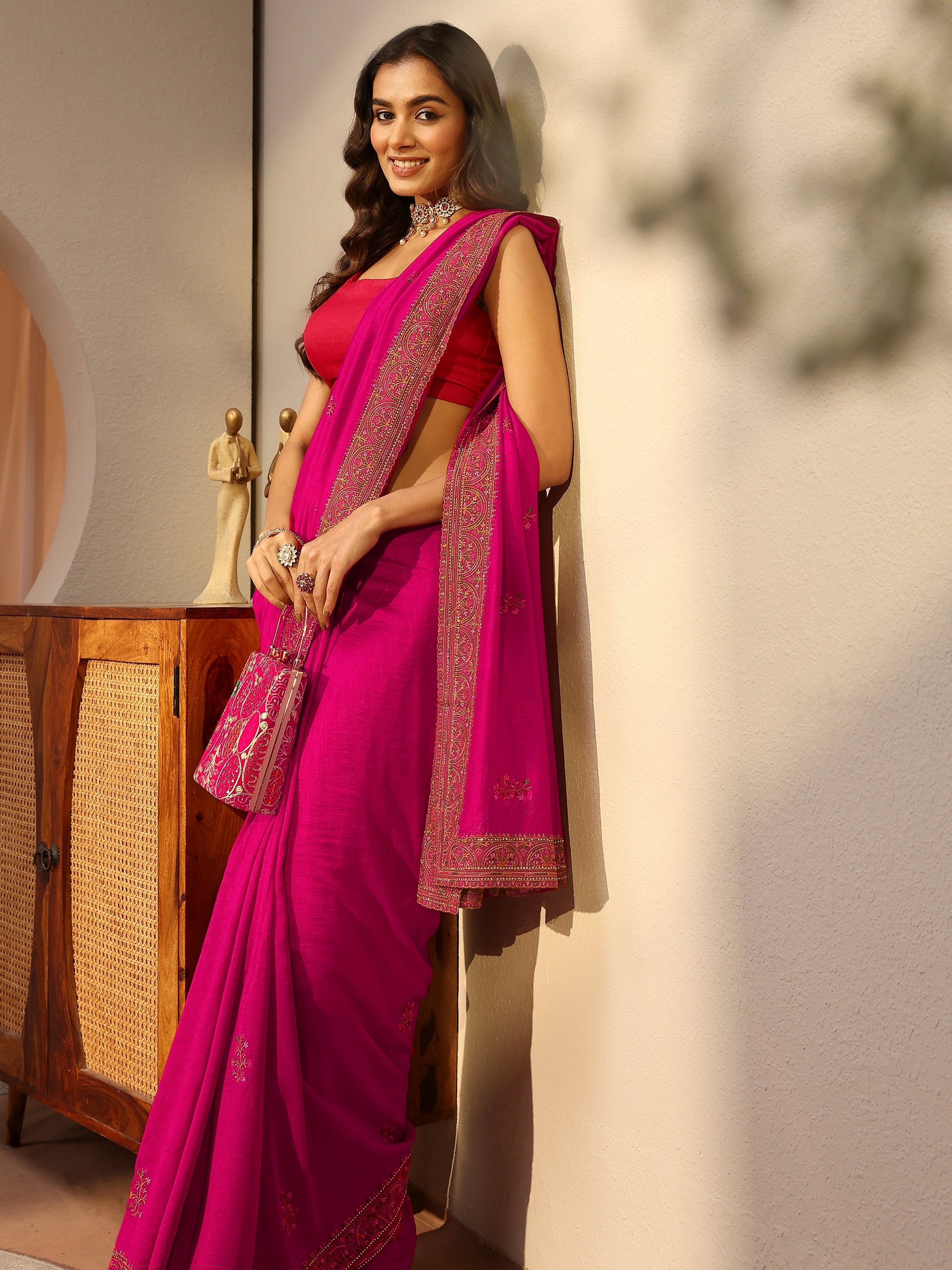 libas Rani Pink Floral Embroidered Silk Blend Saree-picture-43