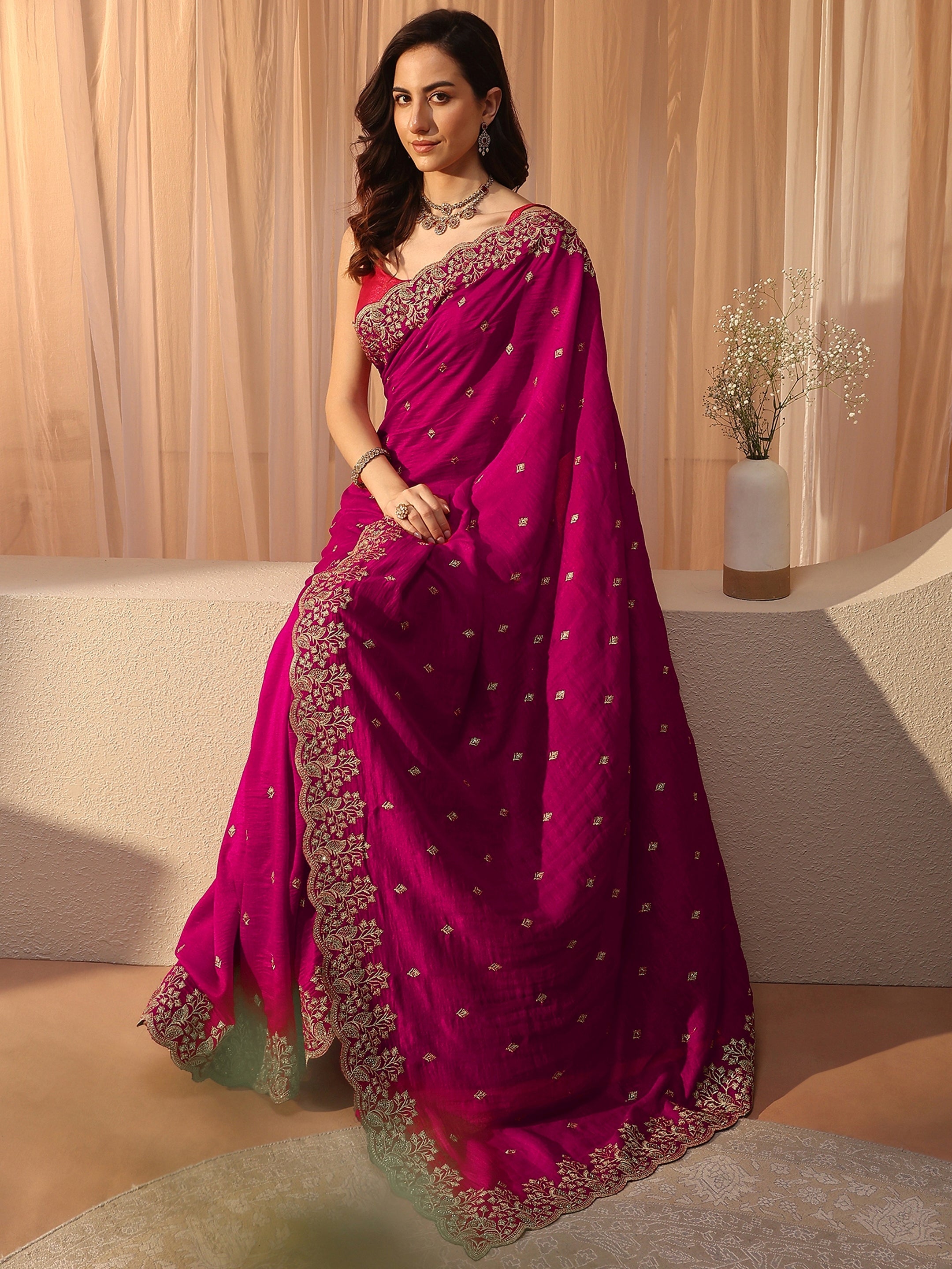 libas Rani Pink Floral Embroidered Silk Blend Saree-picture-31