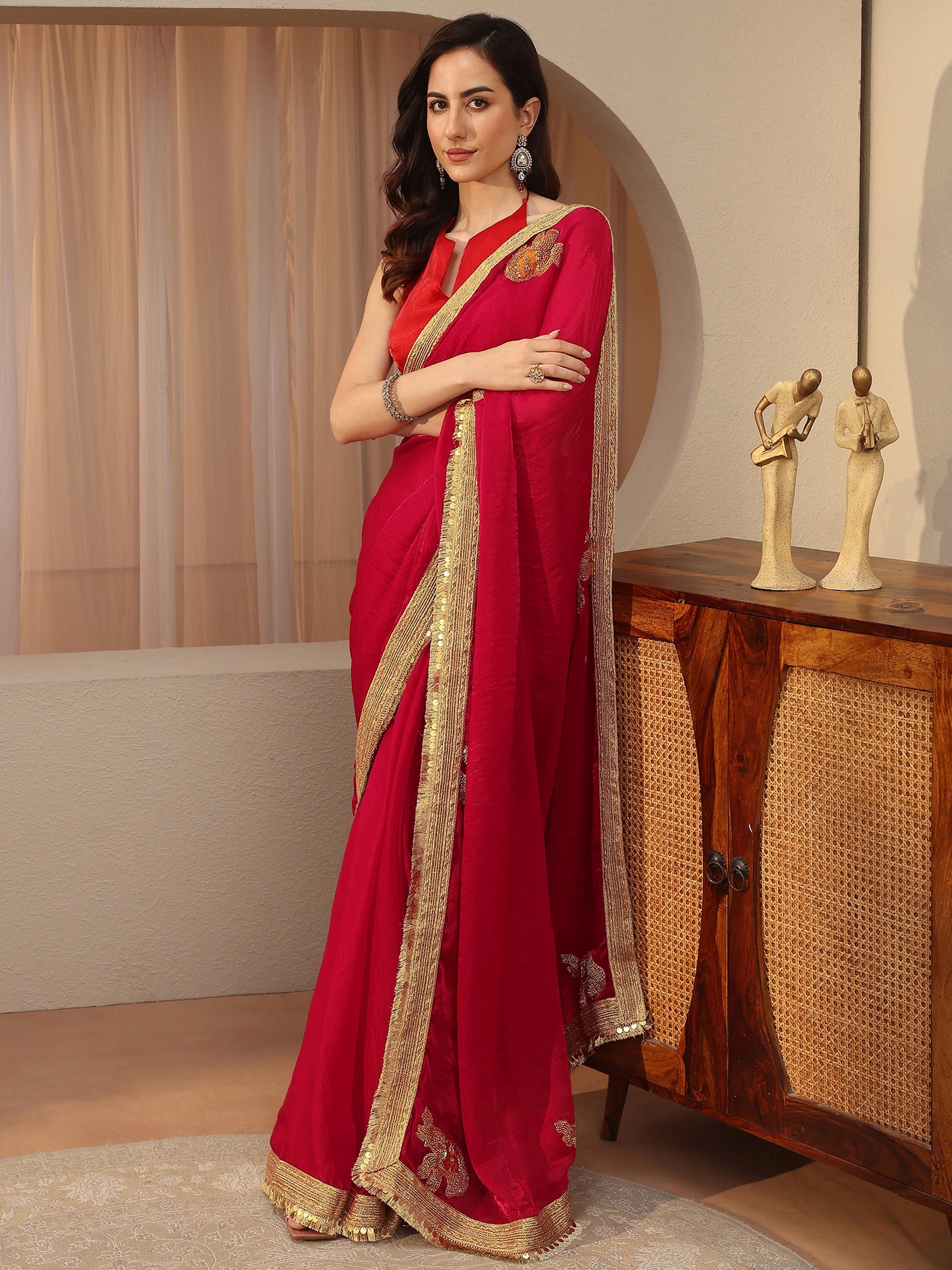 Raspberry Red Embellished Tissue Saree-image-0