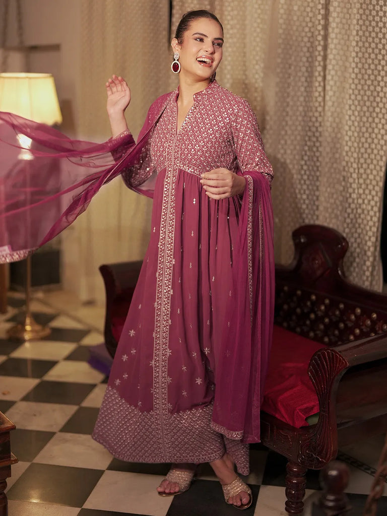 Libas Chandni Mauve Embroidered Georgette A-Line Kurta With Trousers & Dupatta