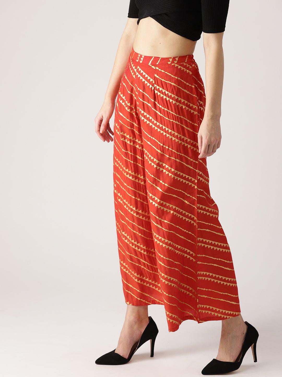 Red Abstract Polyester Palazzos