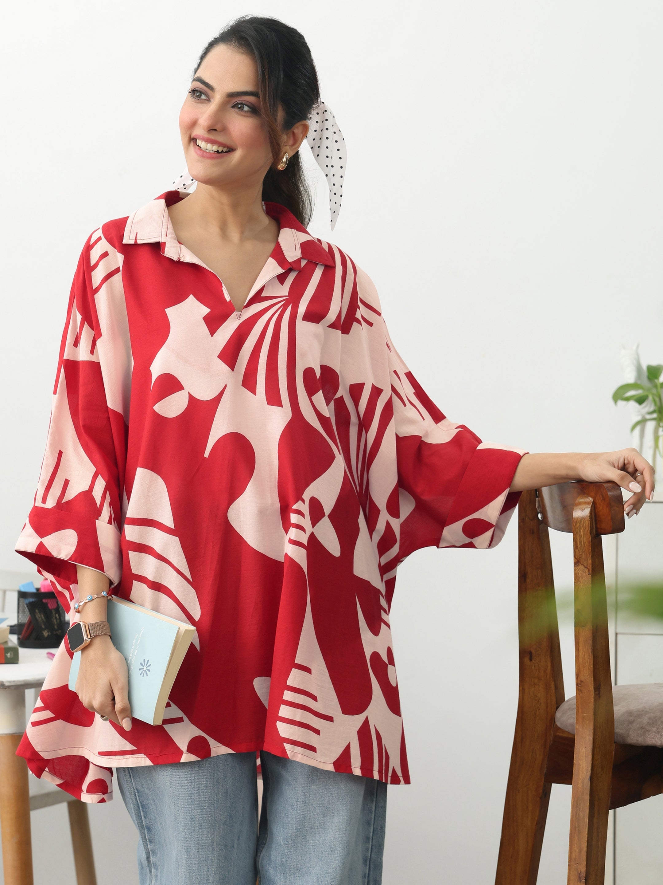 libas Red Abstract Printed Cotton Blend A-Line Short Kurti-picture-24