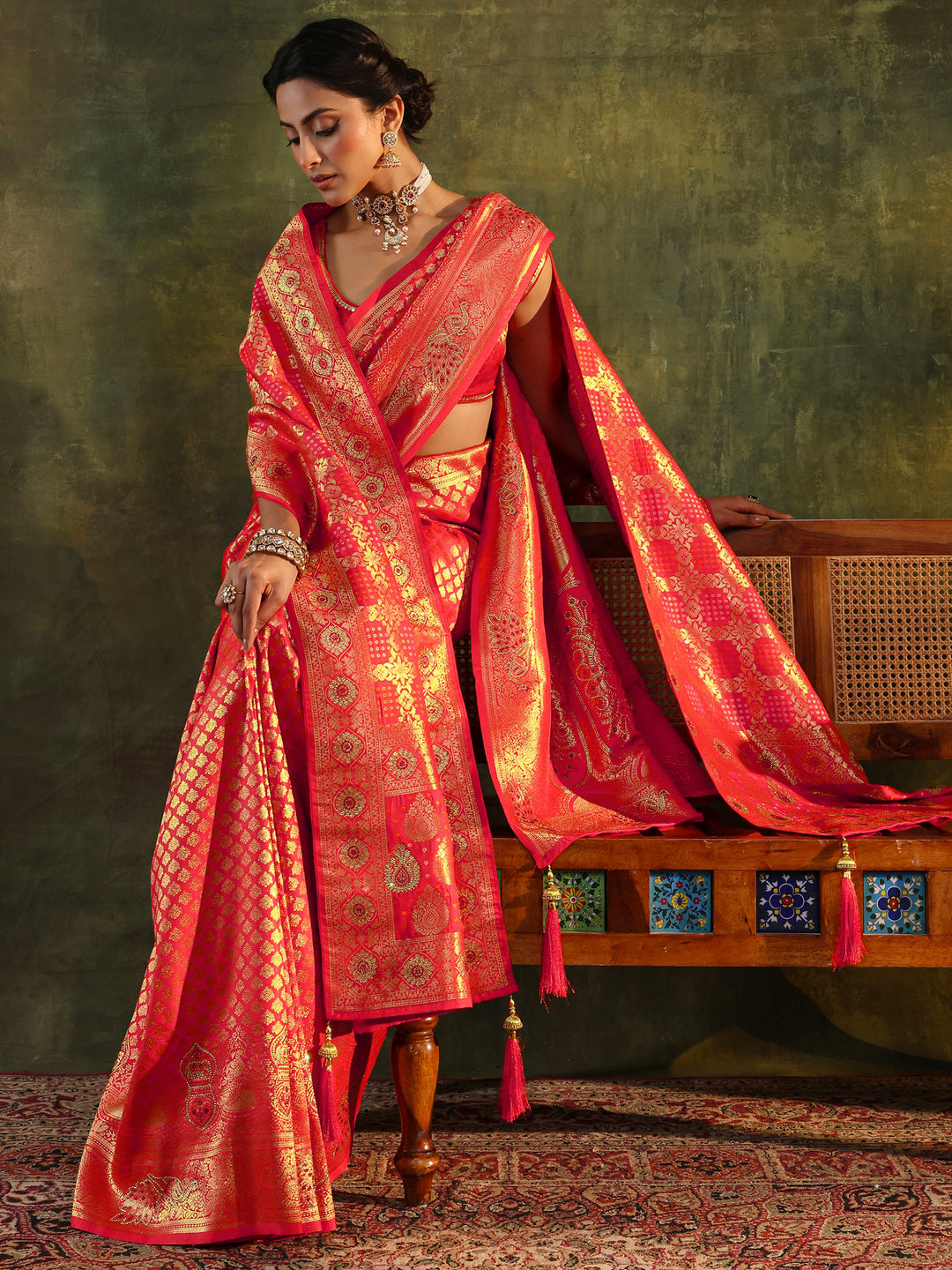 Red Banarasi Silk Saree With Unstitched Blouse And Dupatta