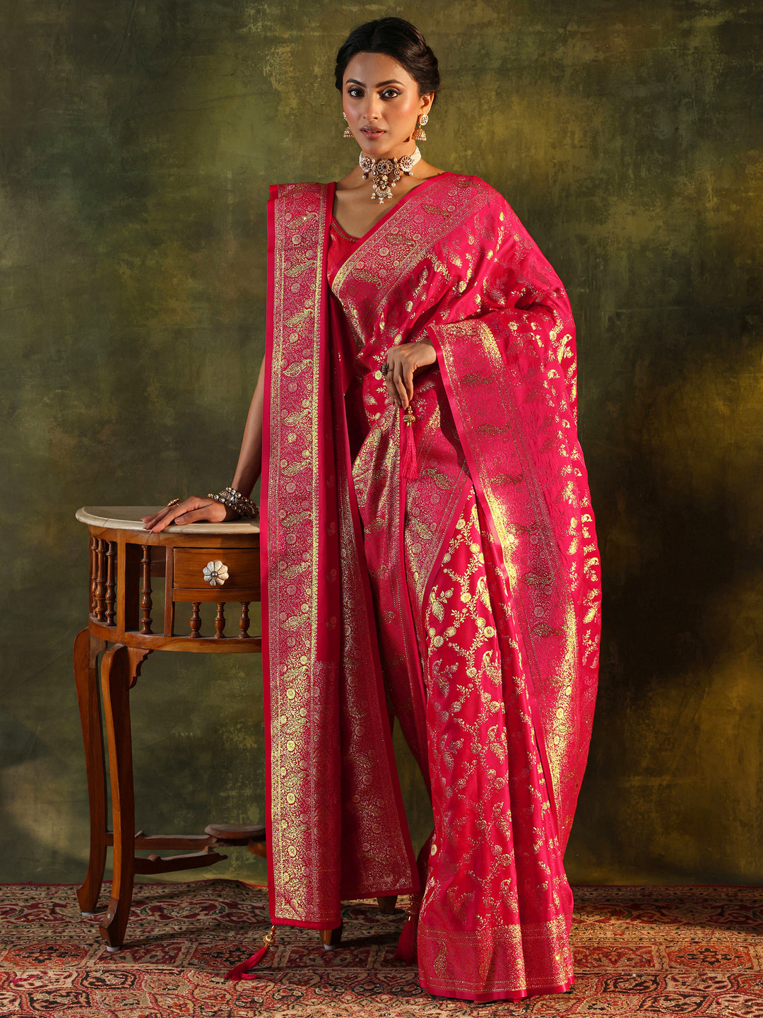 Red Banarasi Silk Saree With Unstitched Blouse And Dupatta