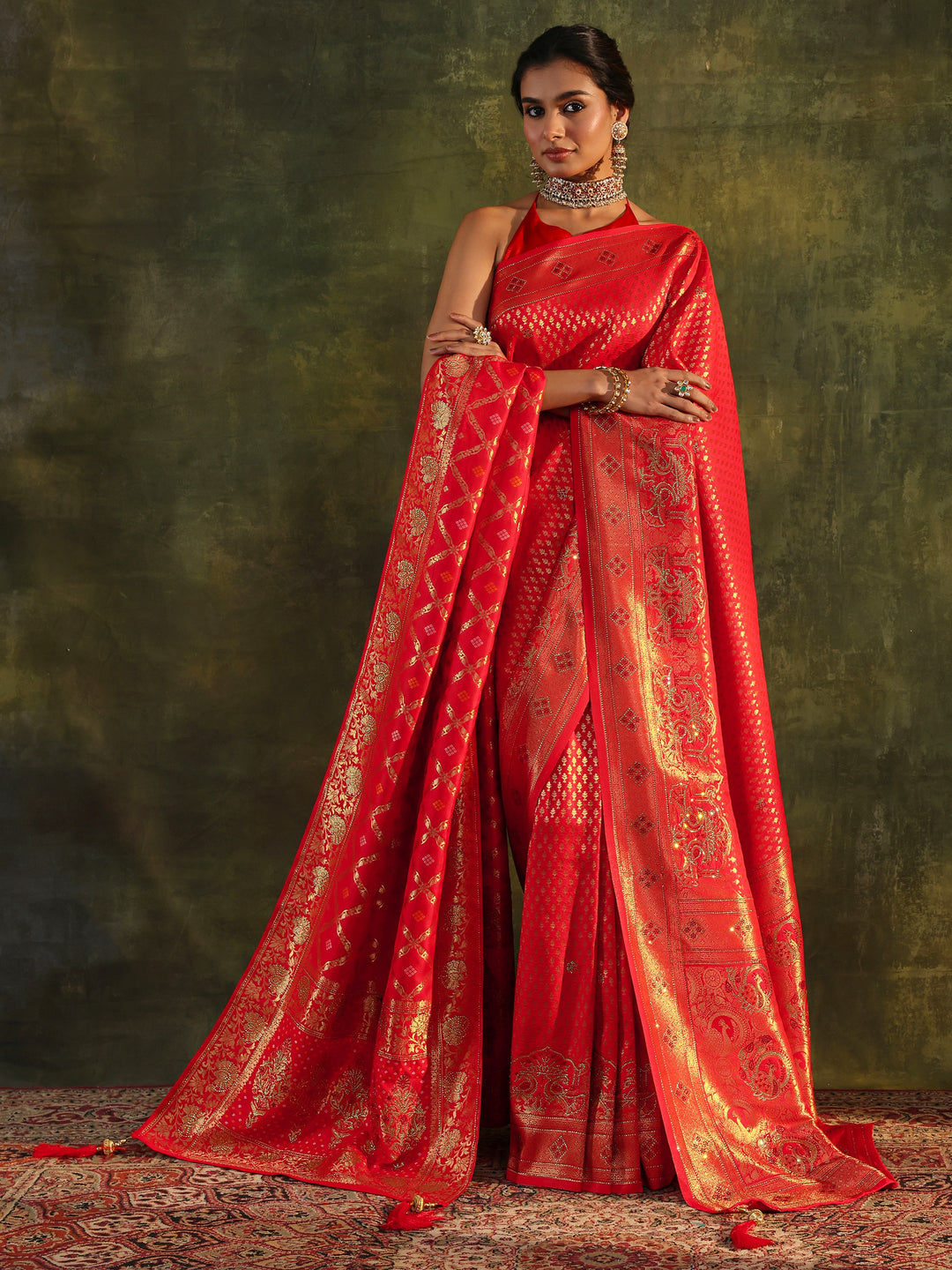 Red Banarasi Silk Saree With Unstitched Blouse And Dupatta