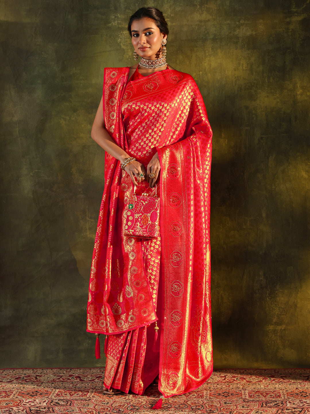 Red Banarasi Silk Saree With Unstitched Blouse And Dupatta