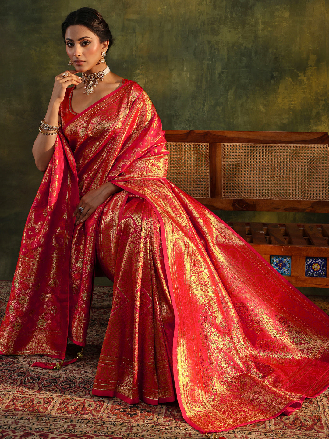 Red Banarasi Silk Saree With Unstitched Blouse And Dupatta