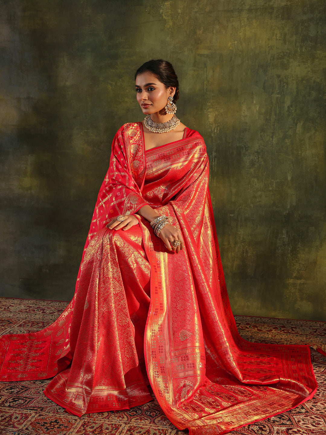 Red Banarasi Silk Saree With Unstitched Blouse And Dupatta