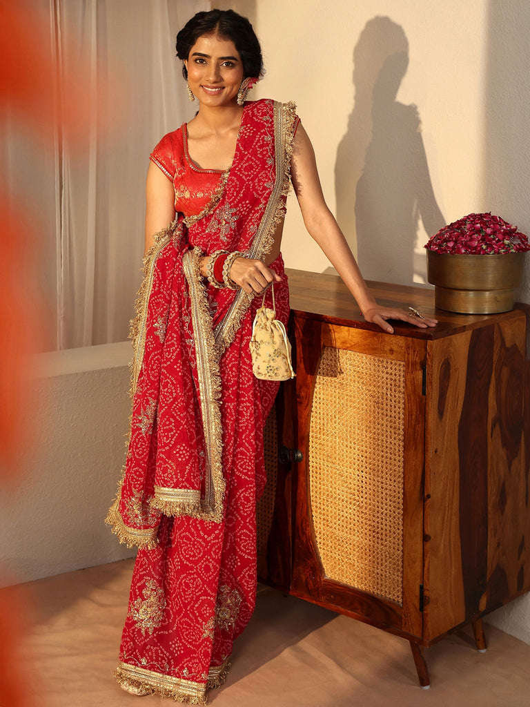 Libas Red Bandhani Printed Chiffon Saree