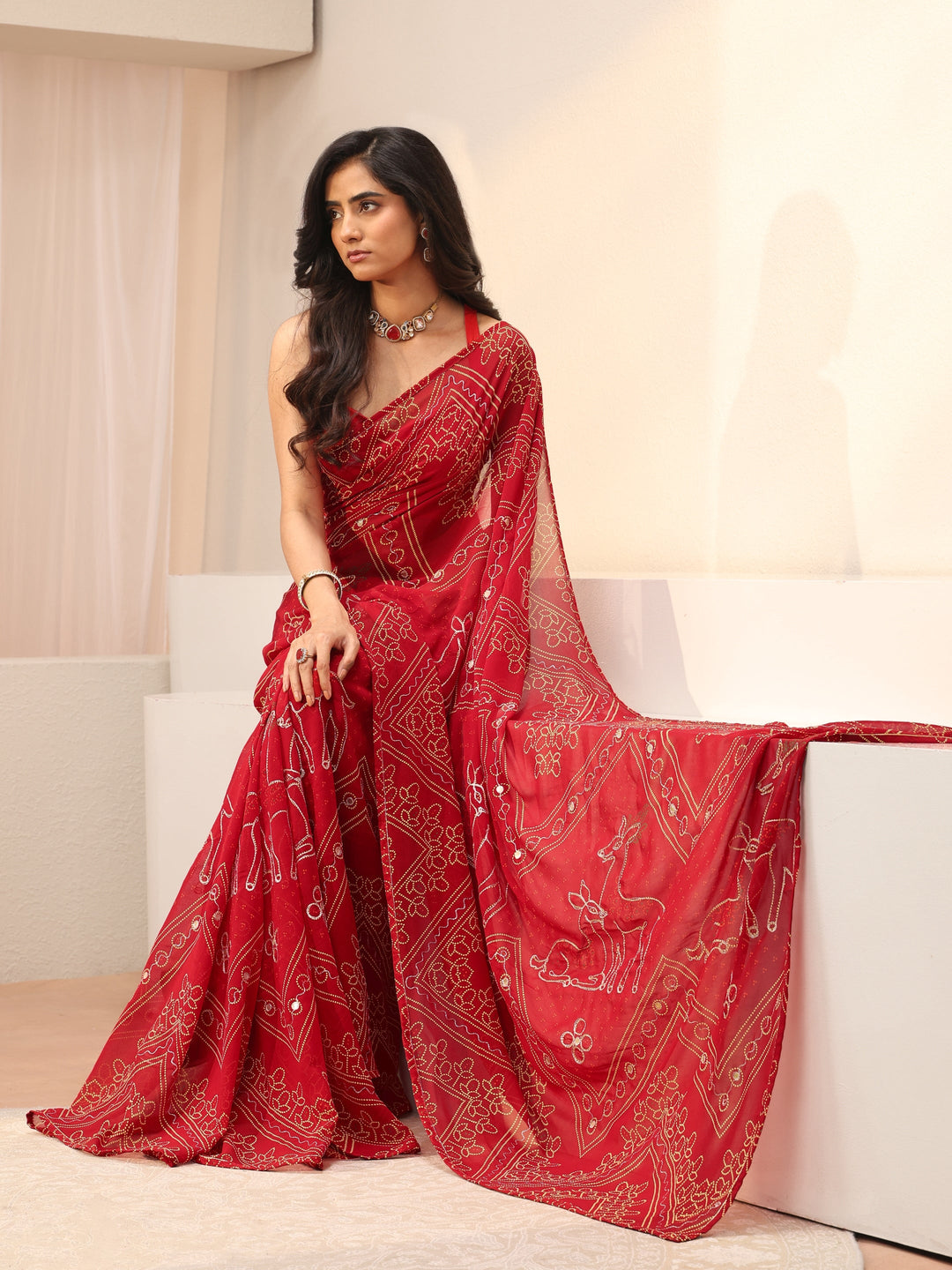  Red Bandhani Printed Georgette Saree 