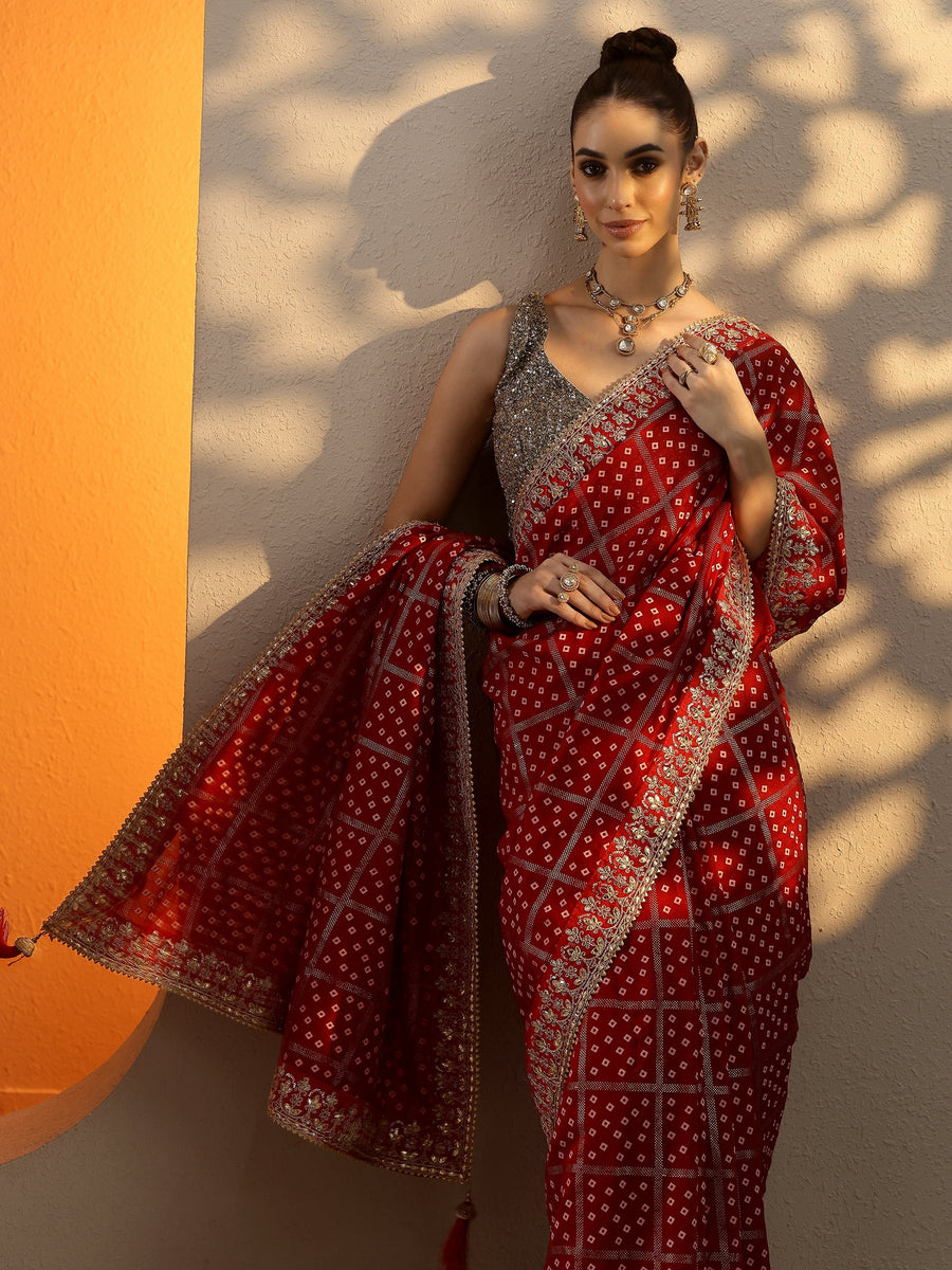 Red Bandhani Printed Silk Blend Saree With Unstitched Blouse Piece