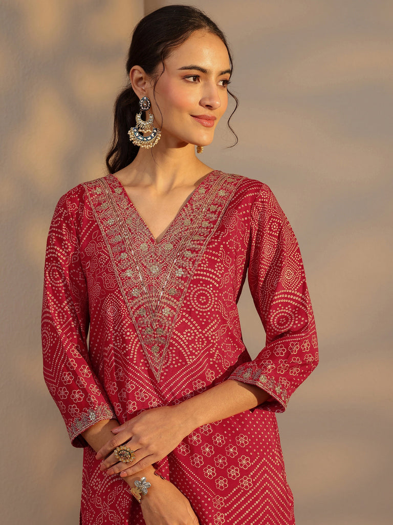 Libas Red Bandhani Printed Silk Blend Straight Kurta