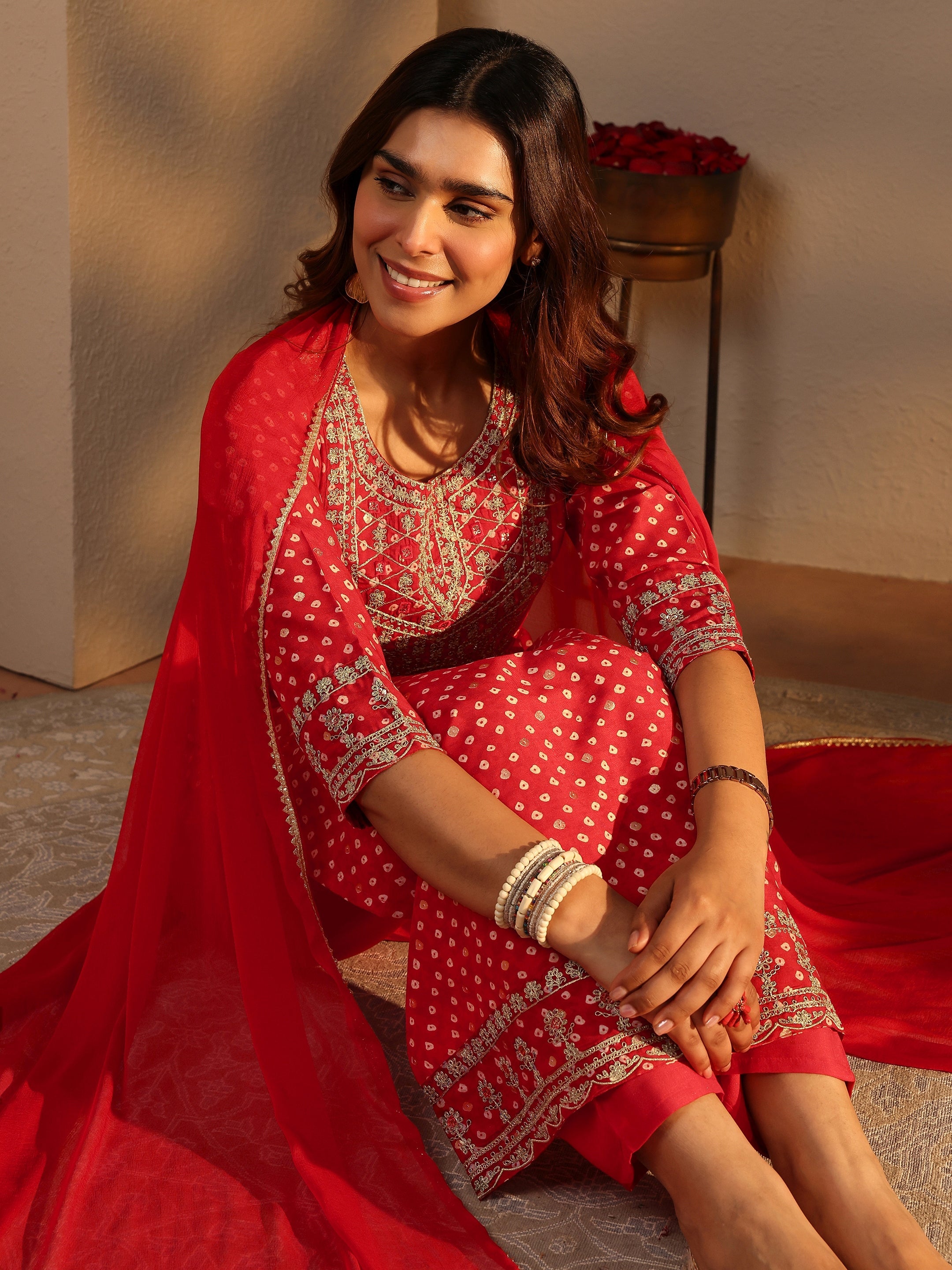 libas Red Bandhani Printed Silk Blend Straight Suit Set With Dupatta-picture-19