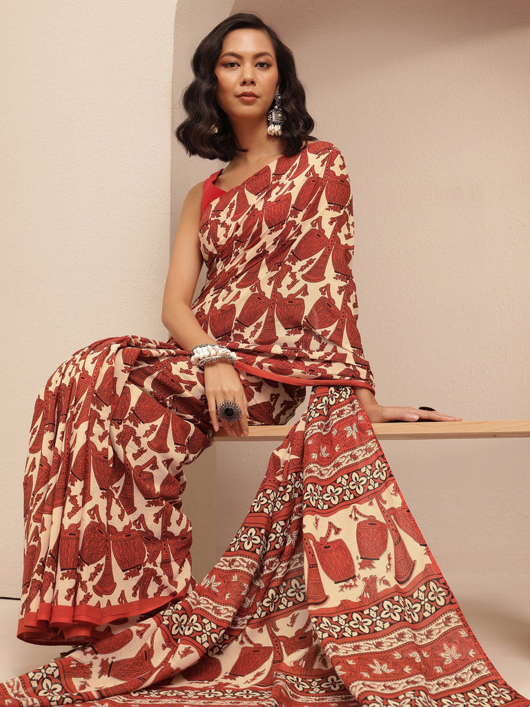 Libas Red Block Printed Cotton Saree With Unstitched Blouse Piece