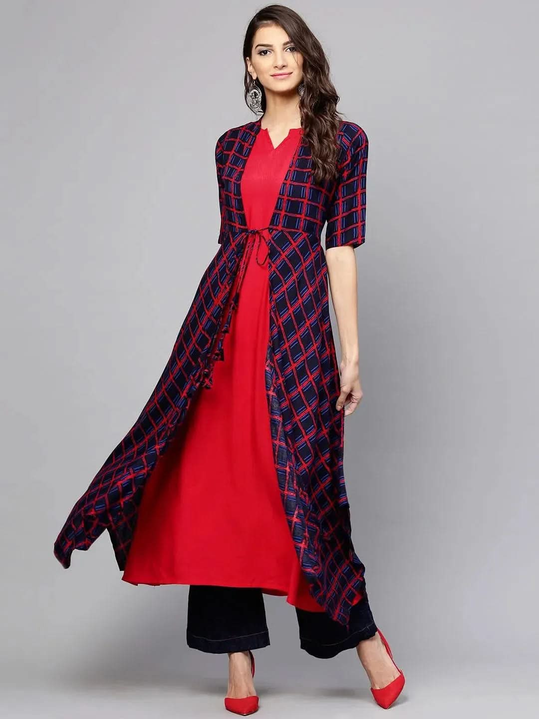 Red Checkered Rayon Kurta With Jacket - Libas 