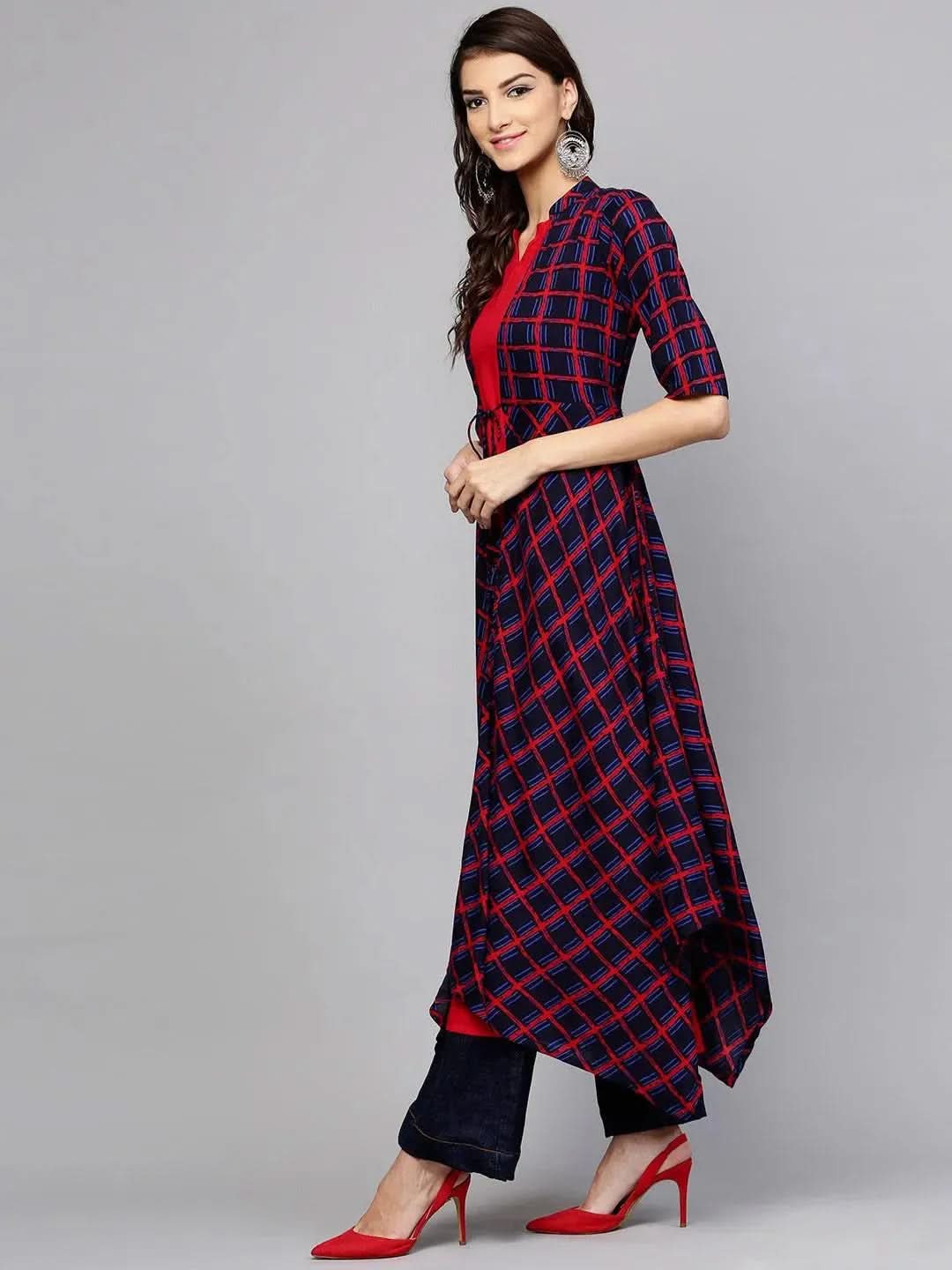 Red Checkered Rayon Kurta With Jacket - Libas 