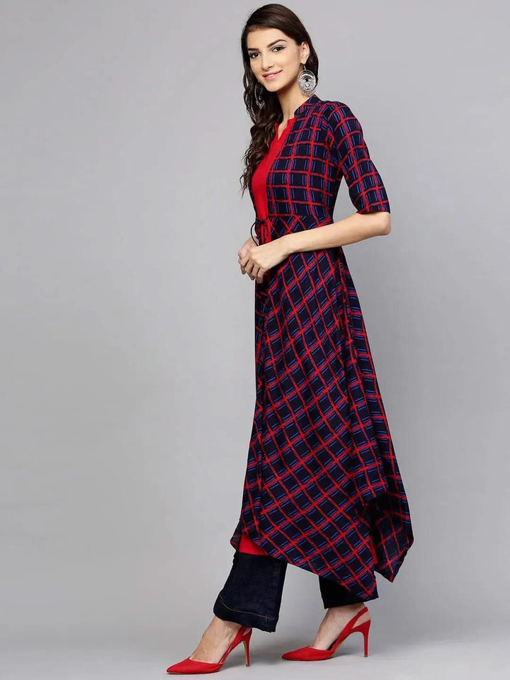 Red Checkered Rayon Kurta With Jacket - Libas