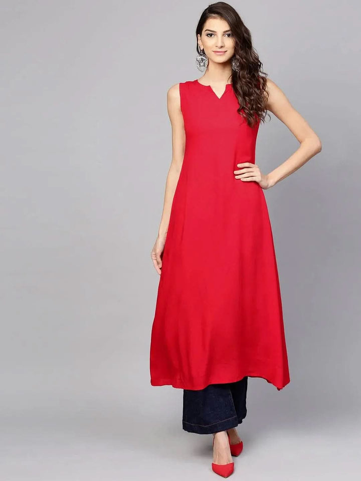Red Checkered Rayon Kurta With Jacket - Libas